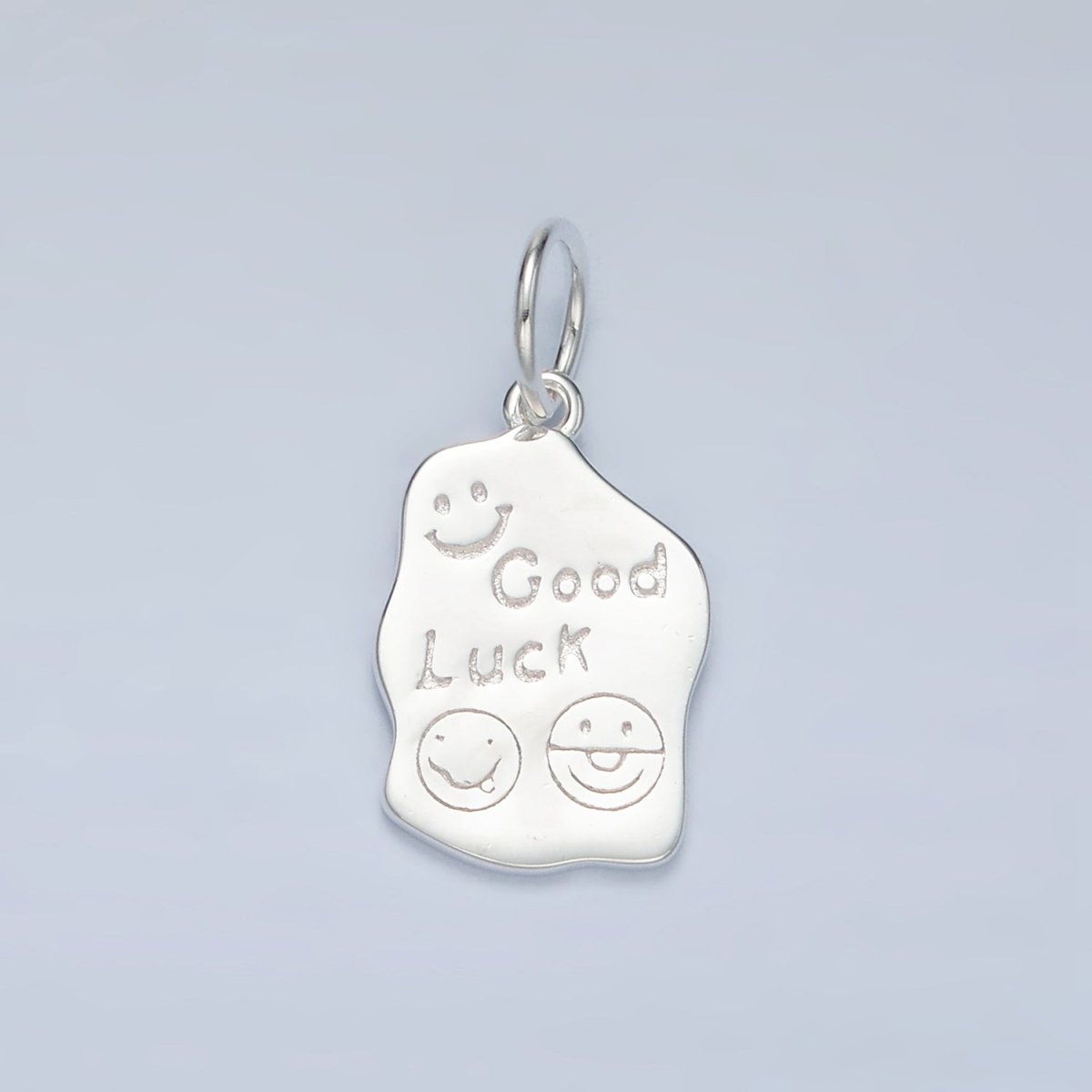 S925 Sterling Silver "Good Luck" Smiley Face Script Abstract Tag Charm | SL-248