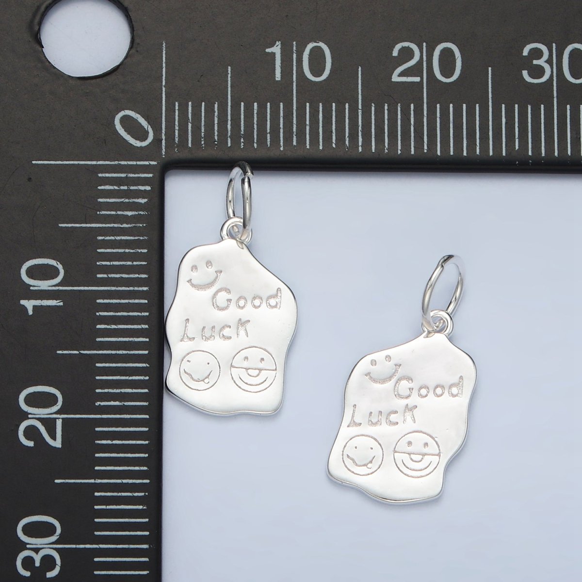 S925 Sterling Silver "Good Luck" Smiley Face Script Abstract Tag Charm | SL-248