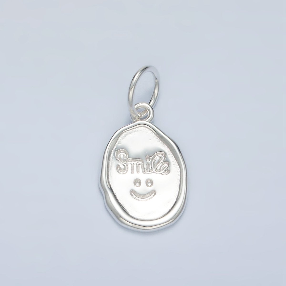 S925 Sterling Silver "Smile" Script Smiley Face Stamped Oval Charm | SL-505