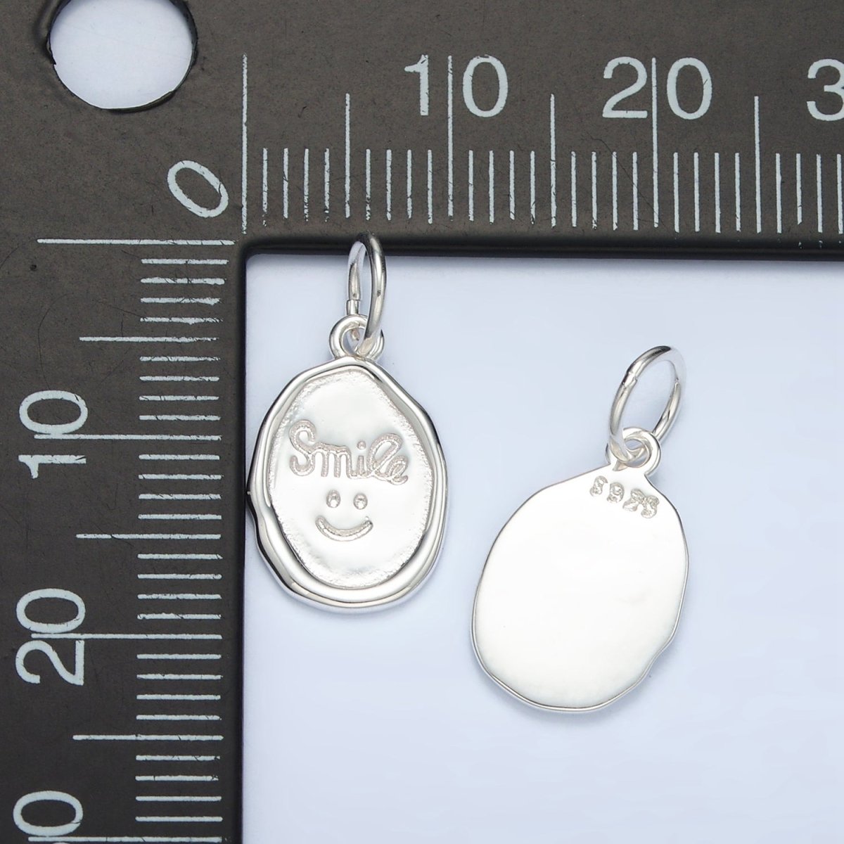 S925 Sterling Silver "Smile" Script Smiley Face Stamped Oval Charm | SL-505