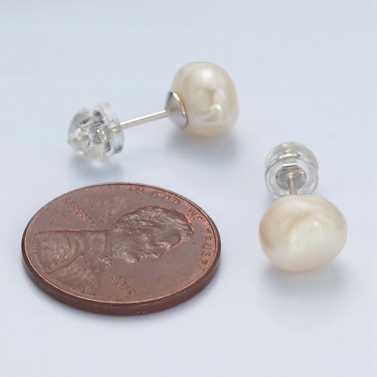 Silver Baroque Freshwater Pearl Stud Earrings Minimalist Wedding Jewelry | Q106