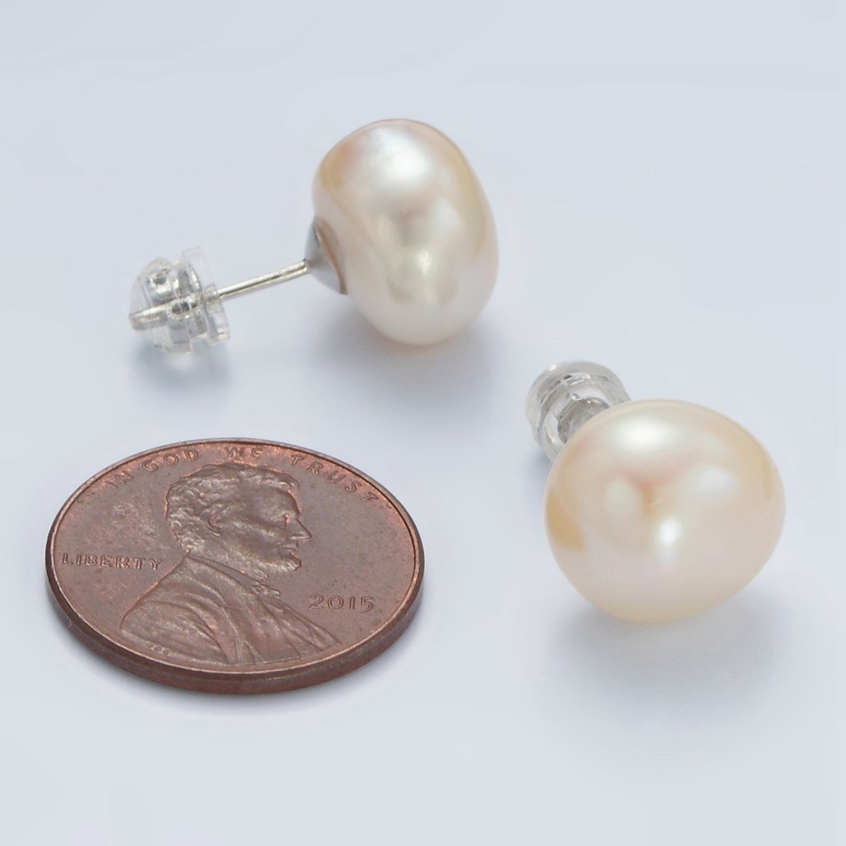 Silver Potato Freshwater Pearl Stud Earrings Minimalist Wedding Jewelry | Q117