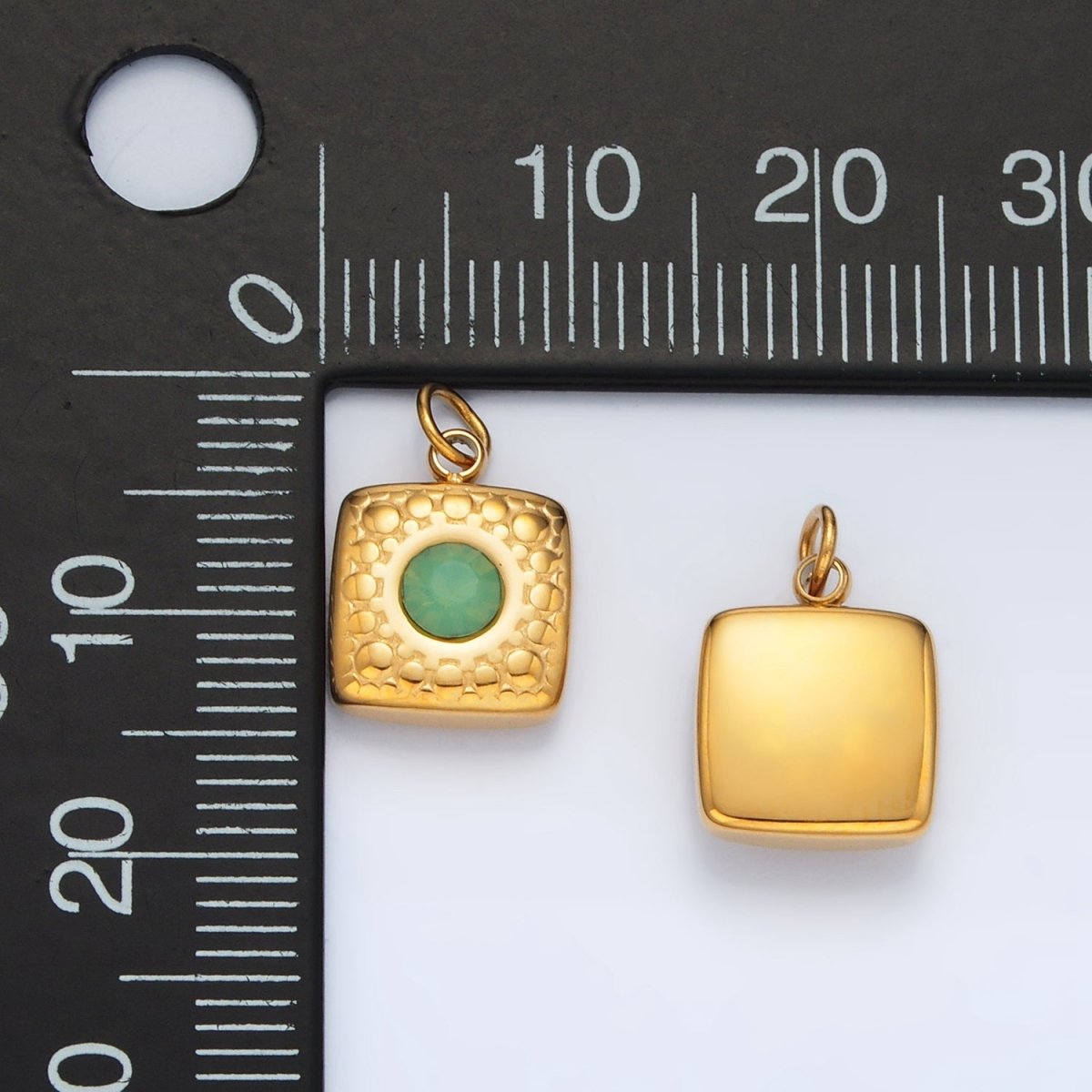Stainless Steel 15mm Green Aventurine CZ Textured Square Mini Charm | P1040