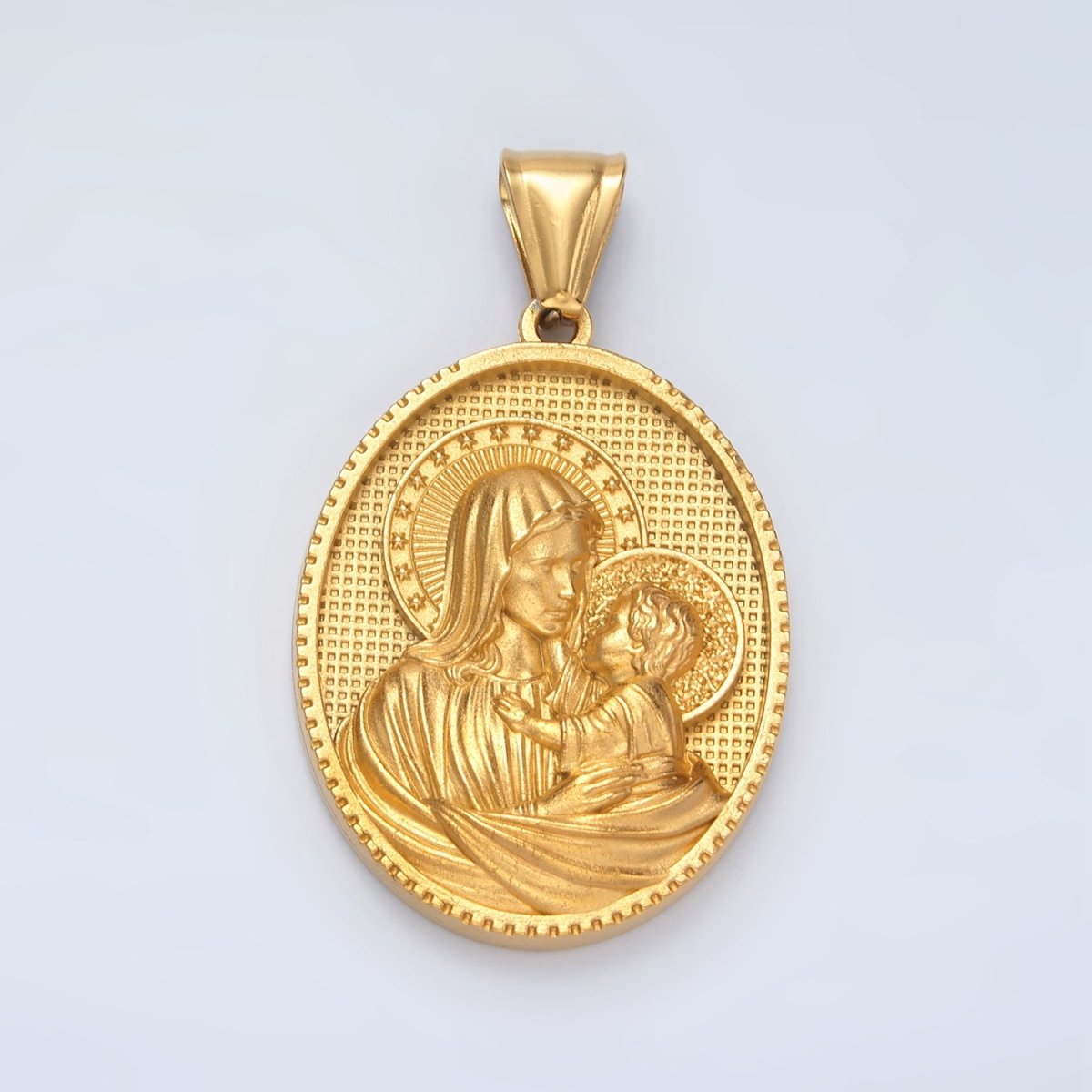Stainless Steel 40mm Religious Portrait Mary Baby Jesus Oval Pendant | P1474