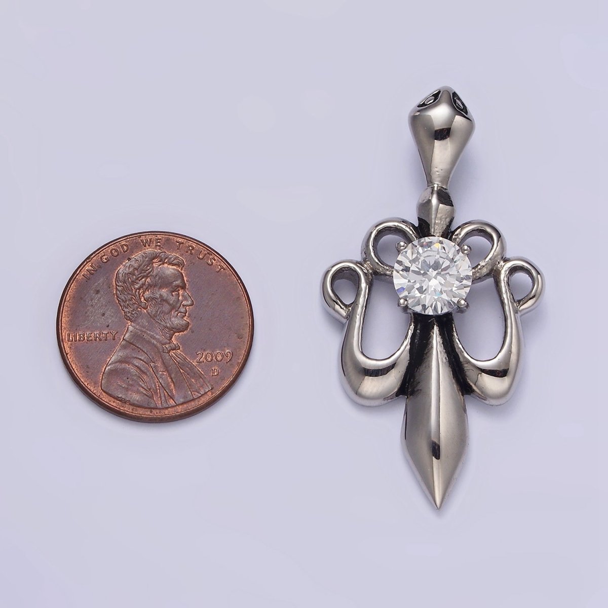 Stainless Steel 42mm Clear CZ French Fleur De Lis Ribbon Pendant | P-811