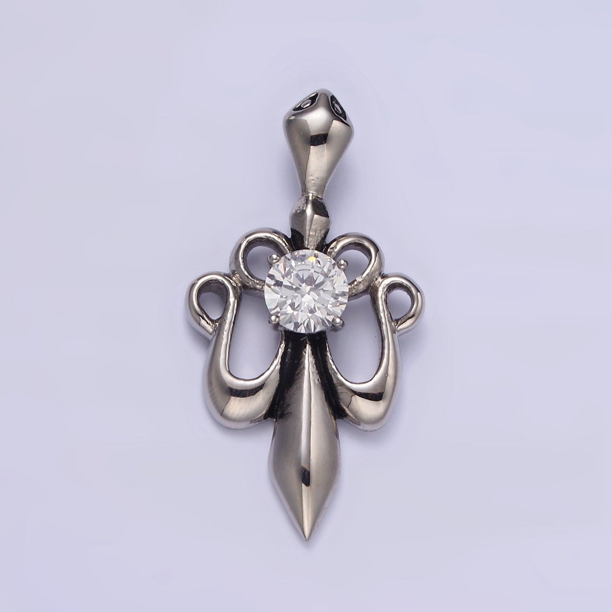 Stainless Steel 42mm Clear CZ French Fleur De Lis Ribbon Pendant | P-811