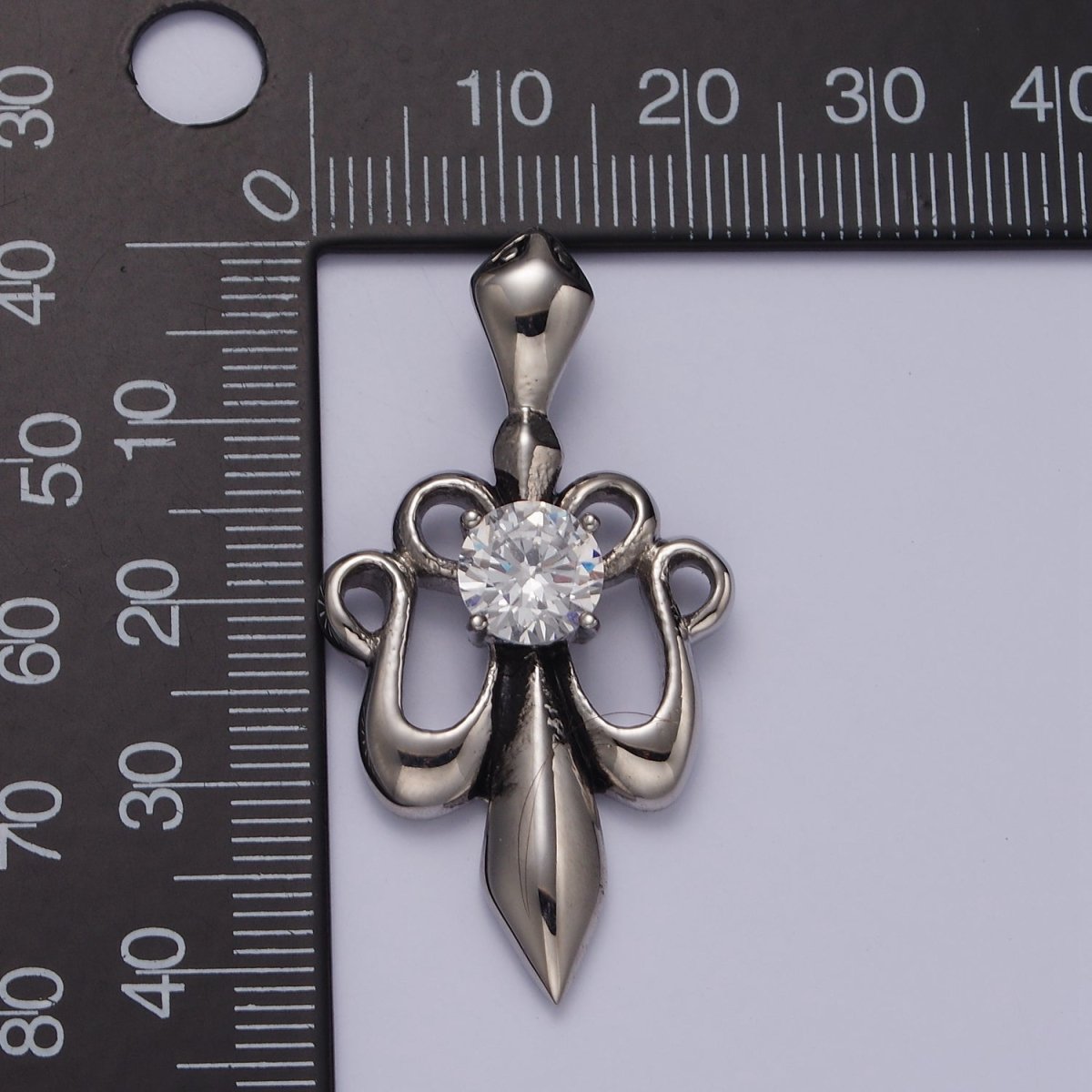 Stainless Steel 42mm Clear CZ French Fleur De Lis Ribbon Pendant | P-811