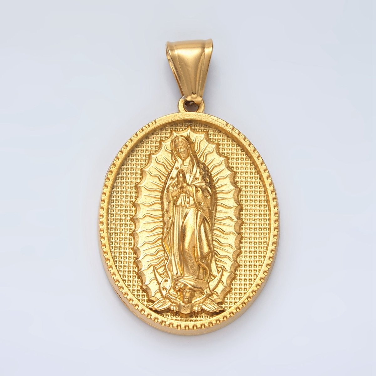 Stainless Steel 44mm Miraculous Lady Guadalupe Mary Textured Oval Pendant | P1471