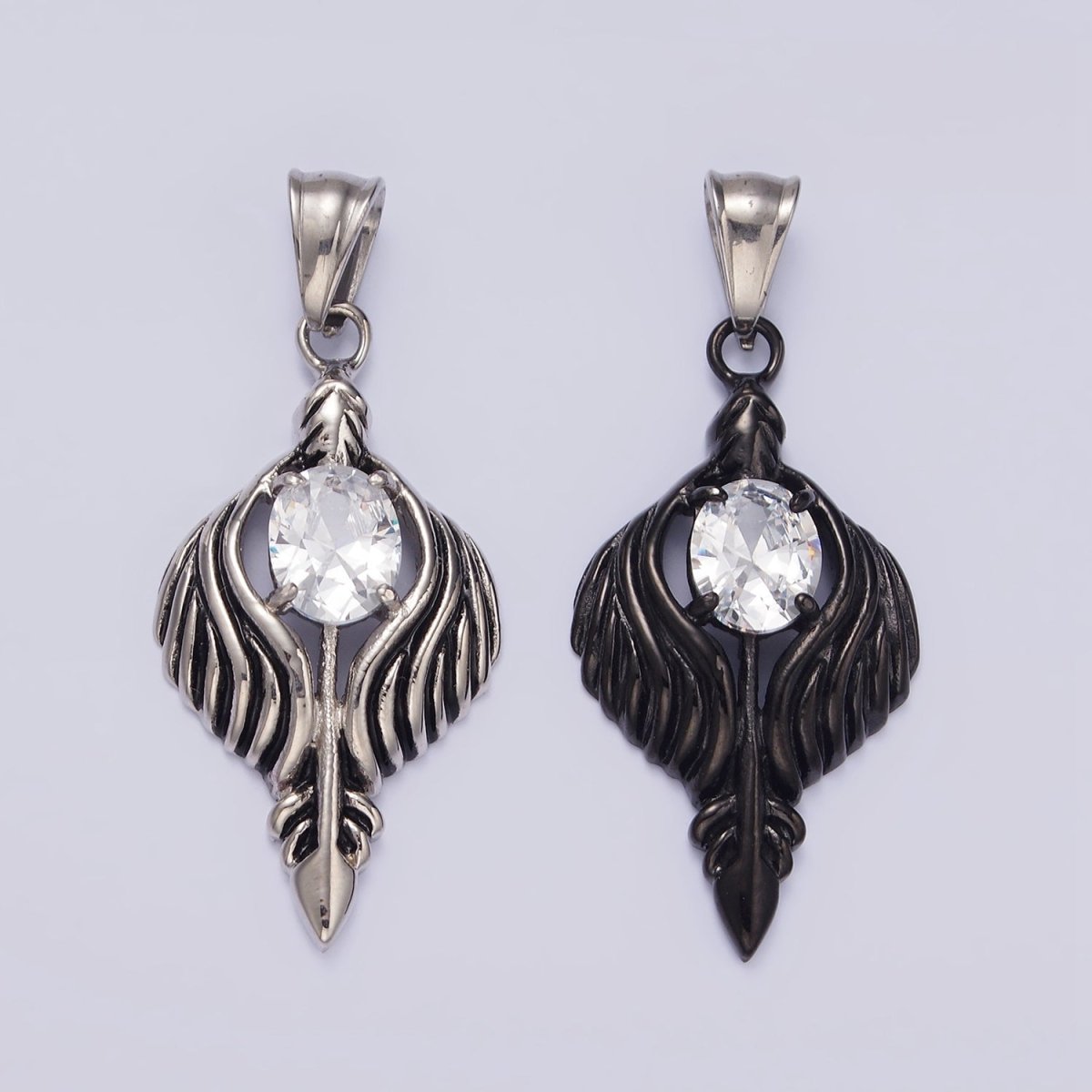 Stainless Steel 50mm Clear CZ Oval Line-Textured Wrapped Arrow Pendant in Silver & Black | P-808