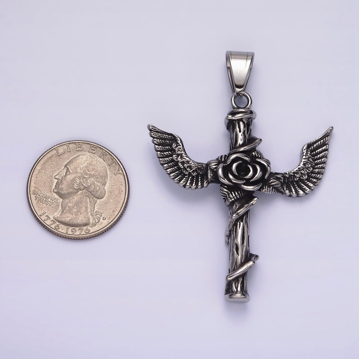 Stainless Steel 60mm Religious Cross Rose Flower Vine Wood Feather Wings Pendant | P-776