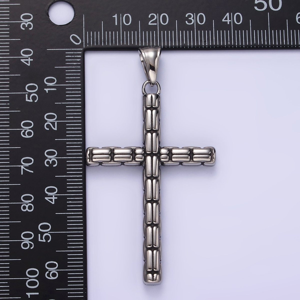 Stainless Steel 64mm Religious Latin Cross Bar Line-Textured Pendant | P-741