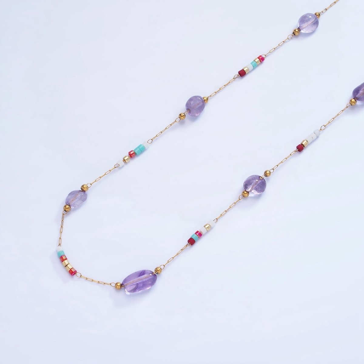 Stainless Steel Amethyst Gemstone Multicolor Rhondelle Bead Paperclip Chain by Yard | ROLL-1512