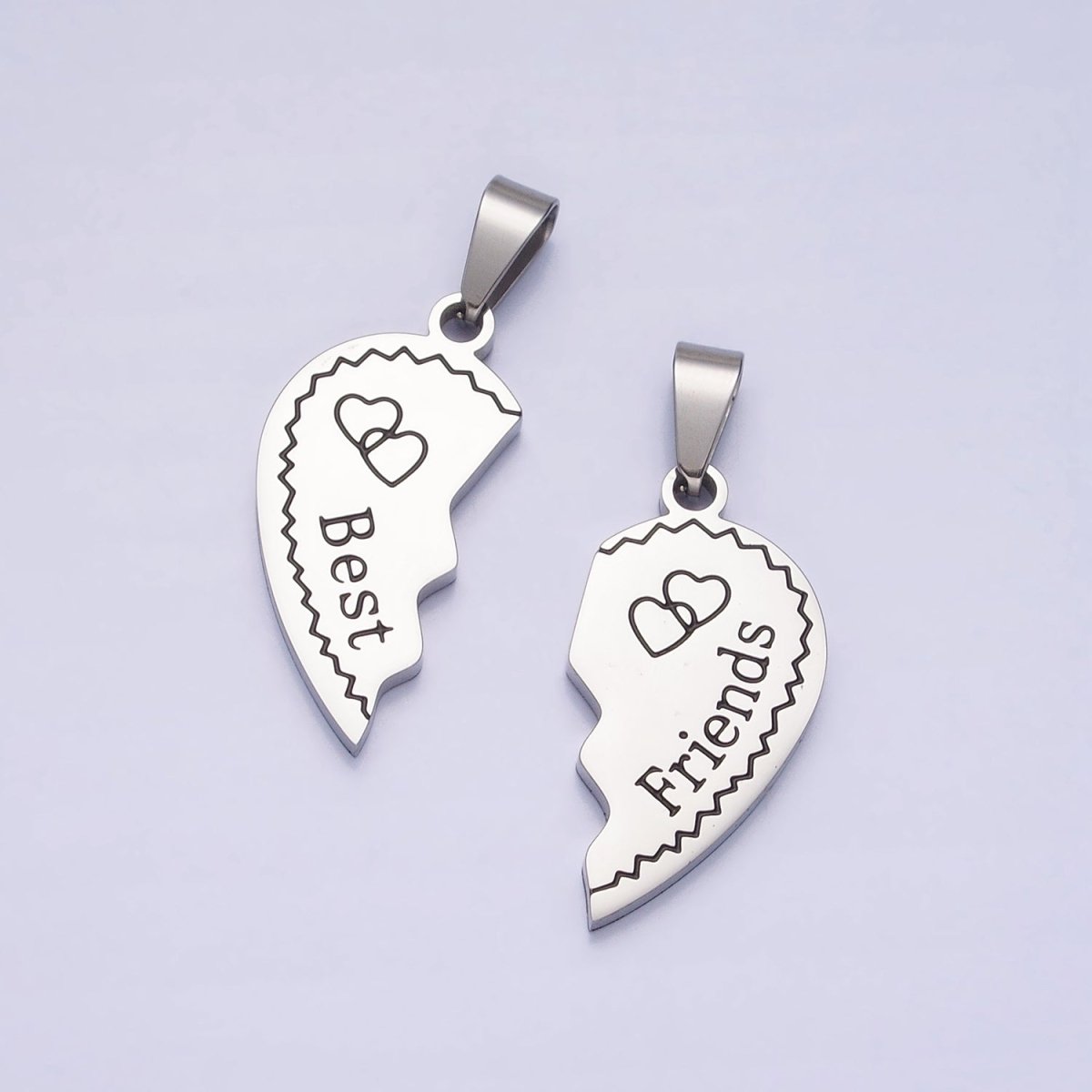 Stainless Steel "Best Friend" Script Engraved Hearts Silver Friendship Pendant Set | P-1128