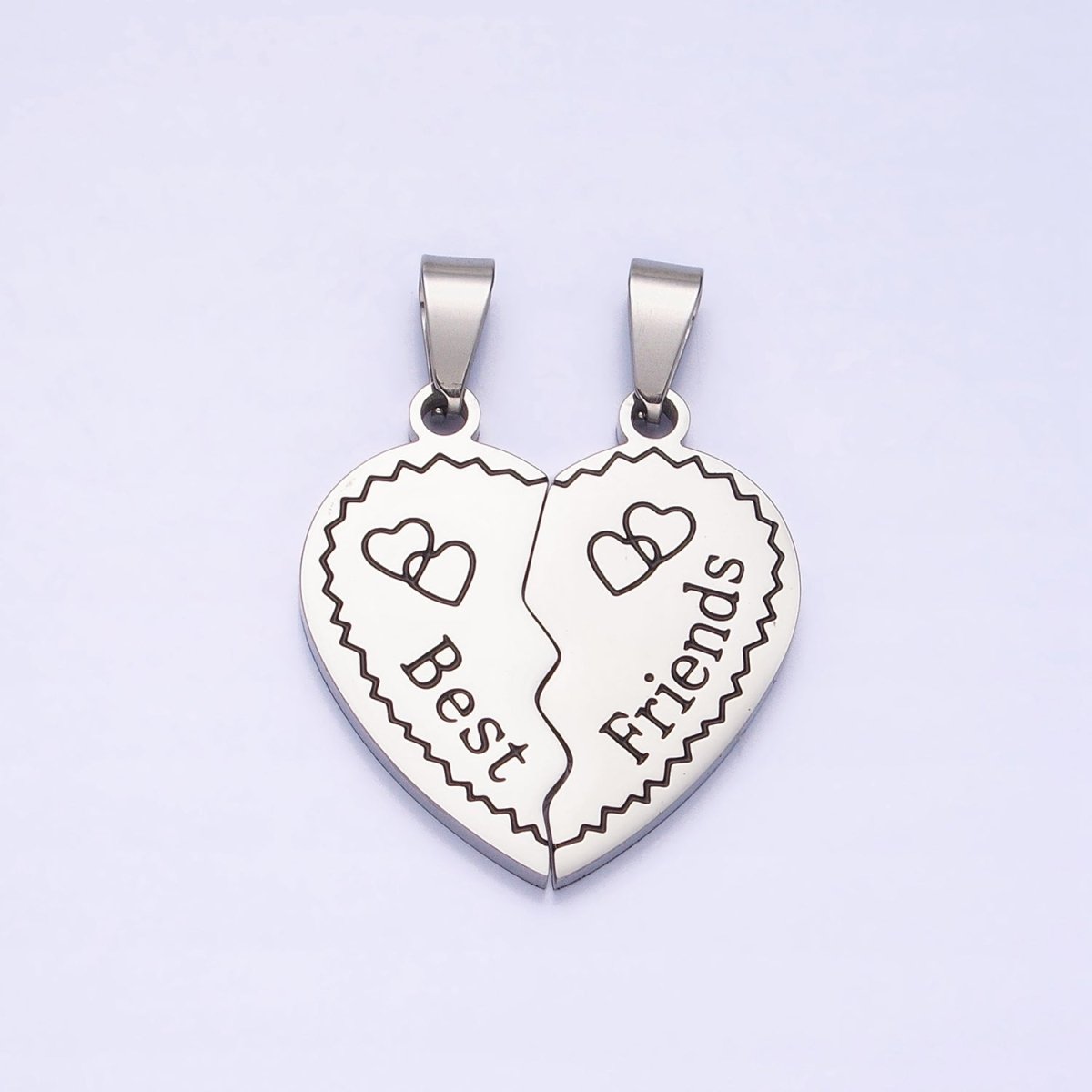 Stainless Steel "Best Friend" Script Engraved Hearts Silver Friendship Pendant Set | P-1128