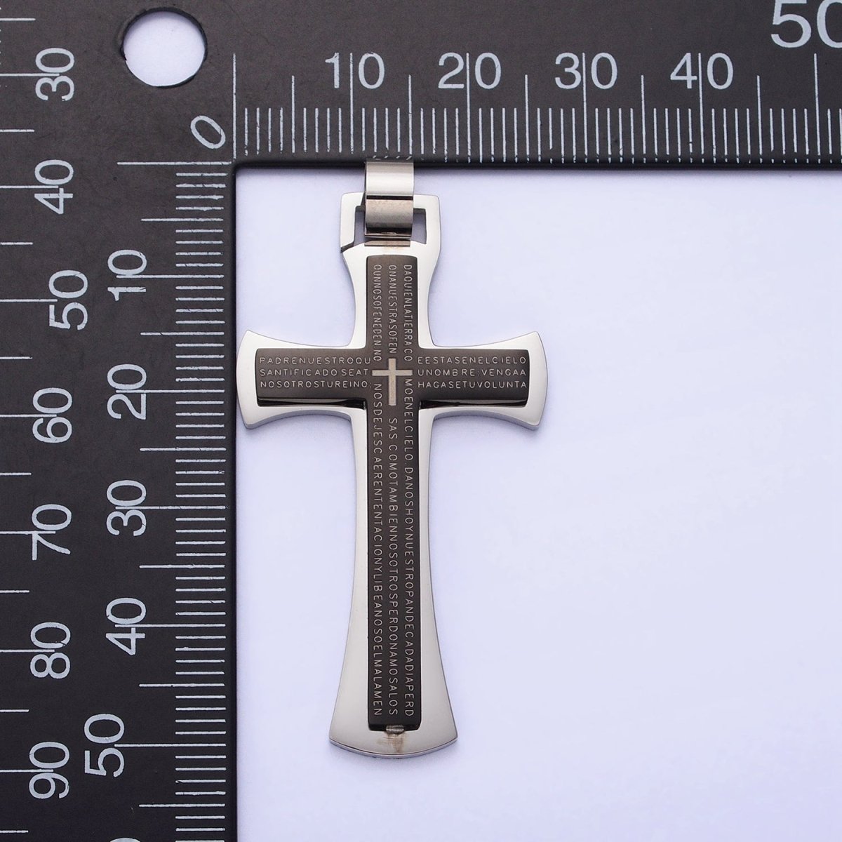 Stainless Steel Blue, Black, White Religious Curved Pattee Cross Lord's Prayer Engraved Script Pendant | P-1152