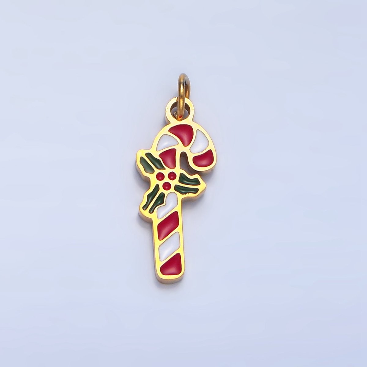 Stainless Steel Candy Cane Mistletoe Enamel Christmas Holidays Charm | P1514