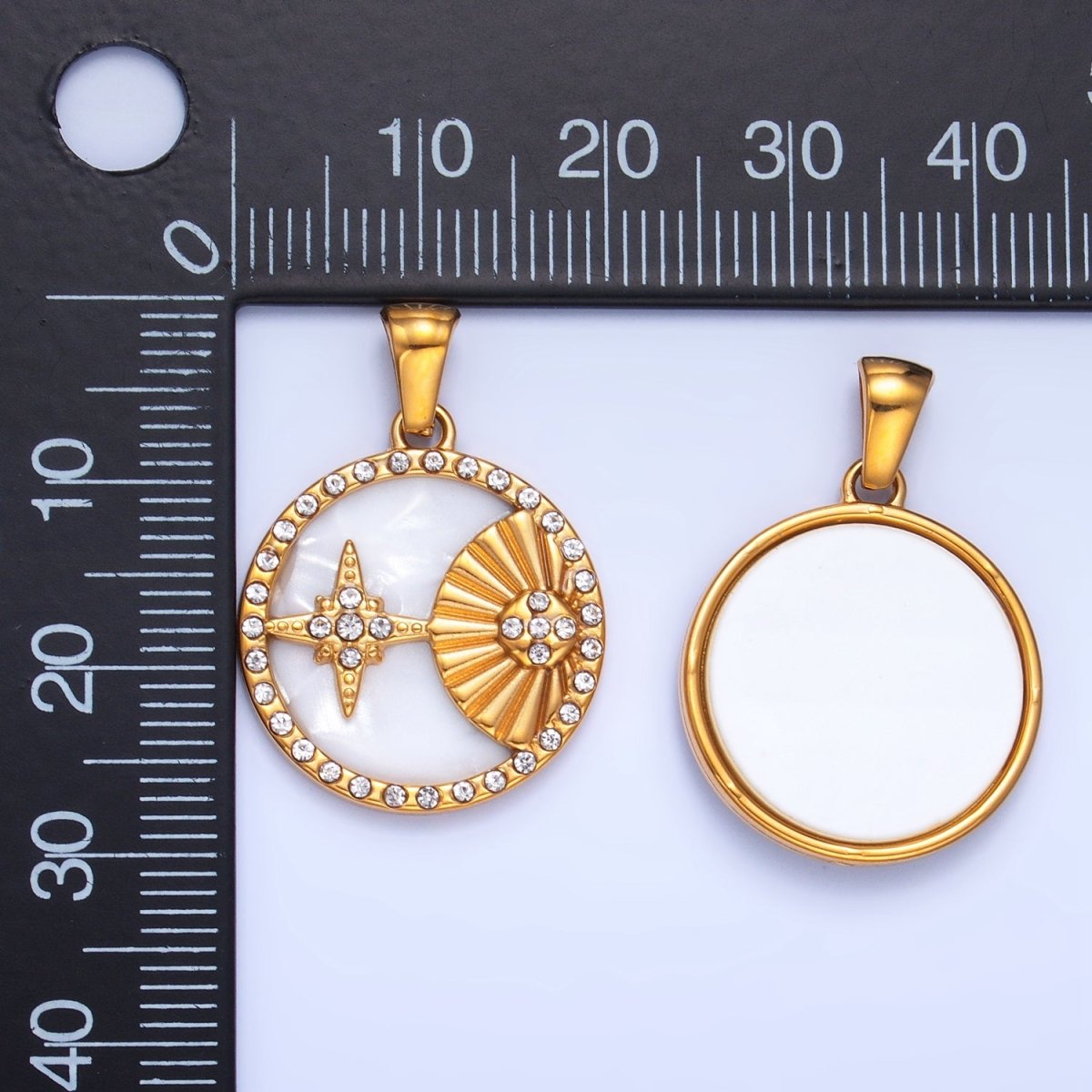 Stainless Steel Celestial Star Sunburst Micro Paved CZ Shell Pearl Pendant | P1541
