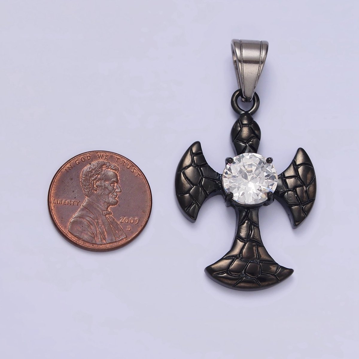 Stainless Steel Clear CZ Round Scaled Religious Pattee Cross Black Pendant | P-807