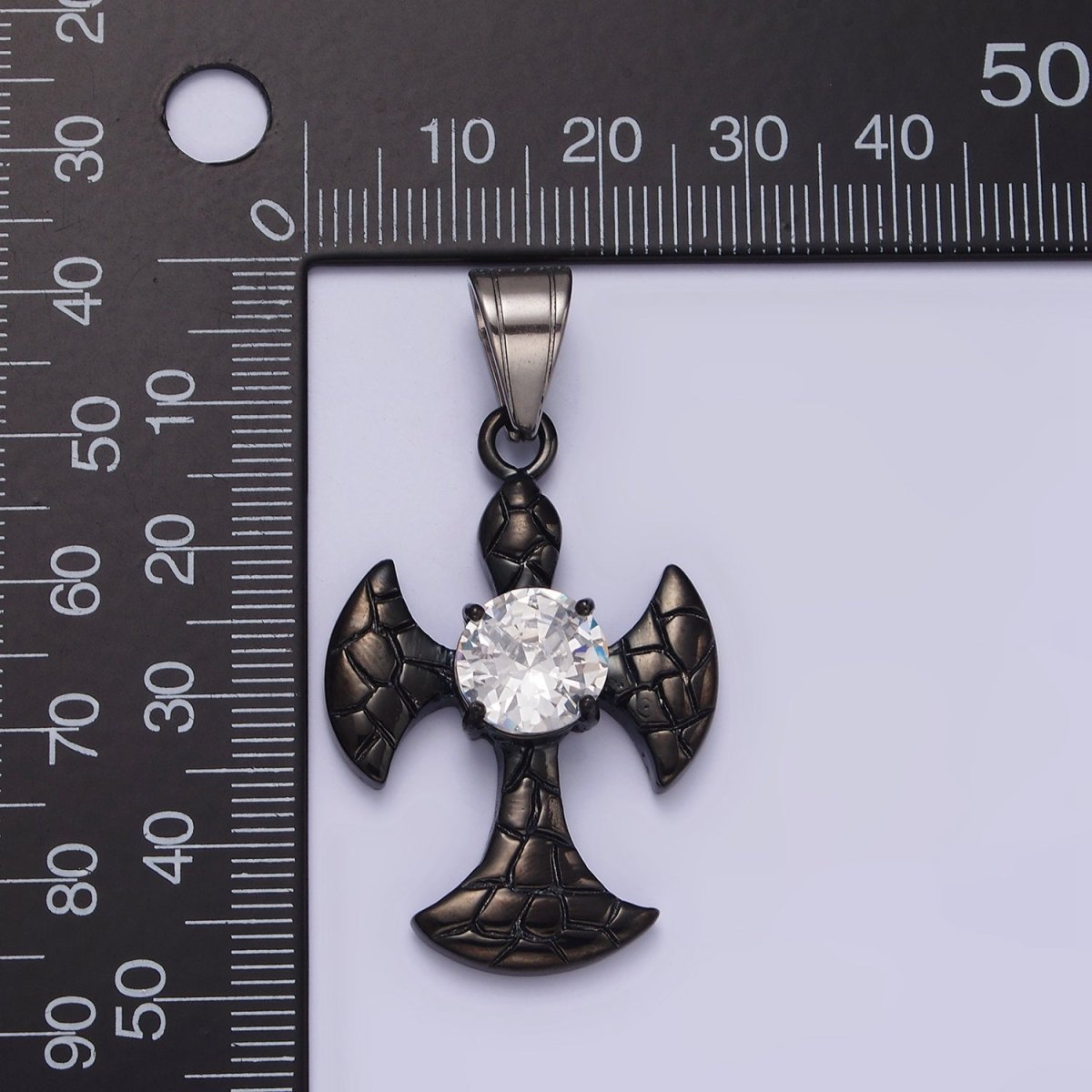Stainless Steel Clear CZ Round Scaled Religious Pattee Cross Black Pendant | P-807