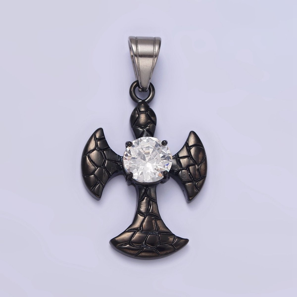 Stainless Steel Clear CZ Round Scaled Religious Pattee Cross Black Pendant | P-807