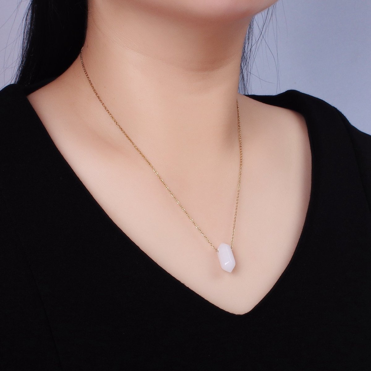 Stainless Steel Clear Quartz Gemstone 17" Cable Chain Necklace w. 2 Inch Extender | WA-2544