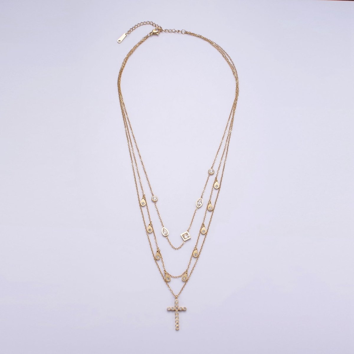 Stainless Steel Cross Geometric CZ Drop Triple Rolo Chain Layering Necklace w. 2 Inch Extender | WA-2548