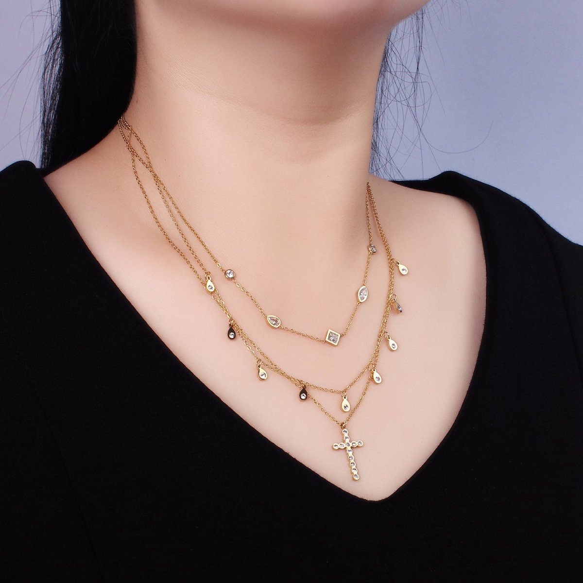 Stainless Steel Cross Geometric CZ Drop Triple Rolo Chain Layering Necklace w. 2 Inch Extender | WA-2548