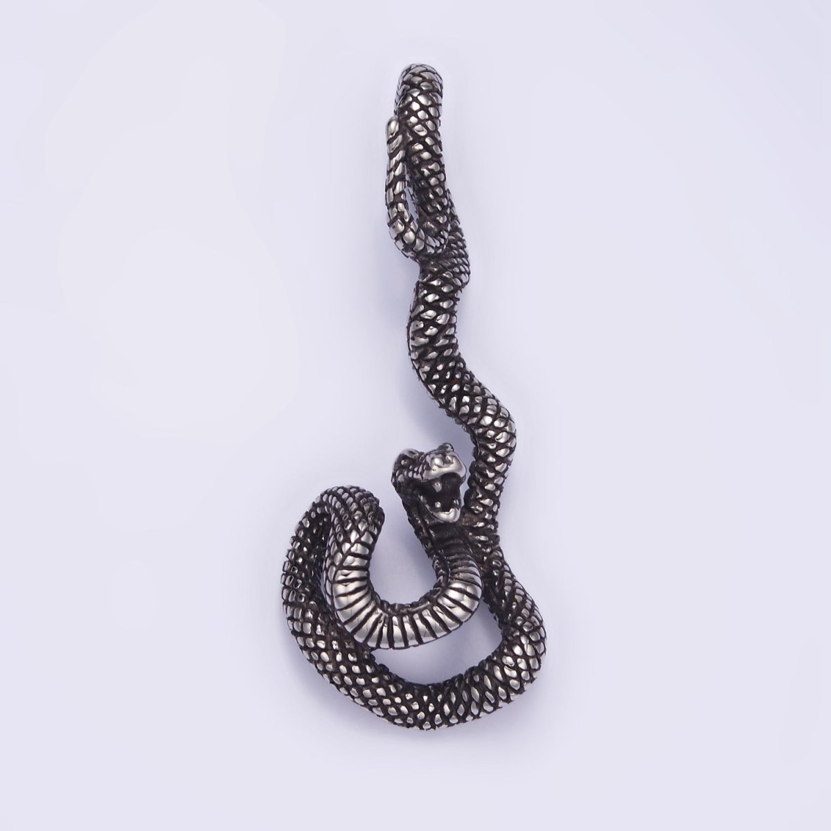 Stainless Steel Curled Serpent Snake Drop Oxidized Silver Pendant | P1466