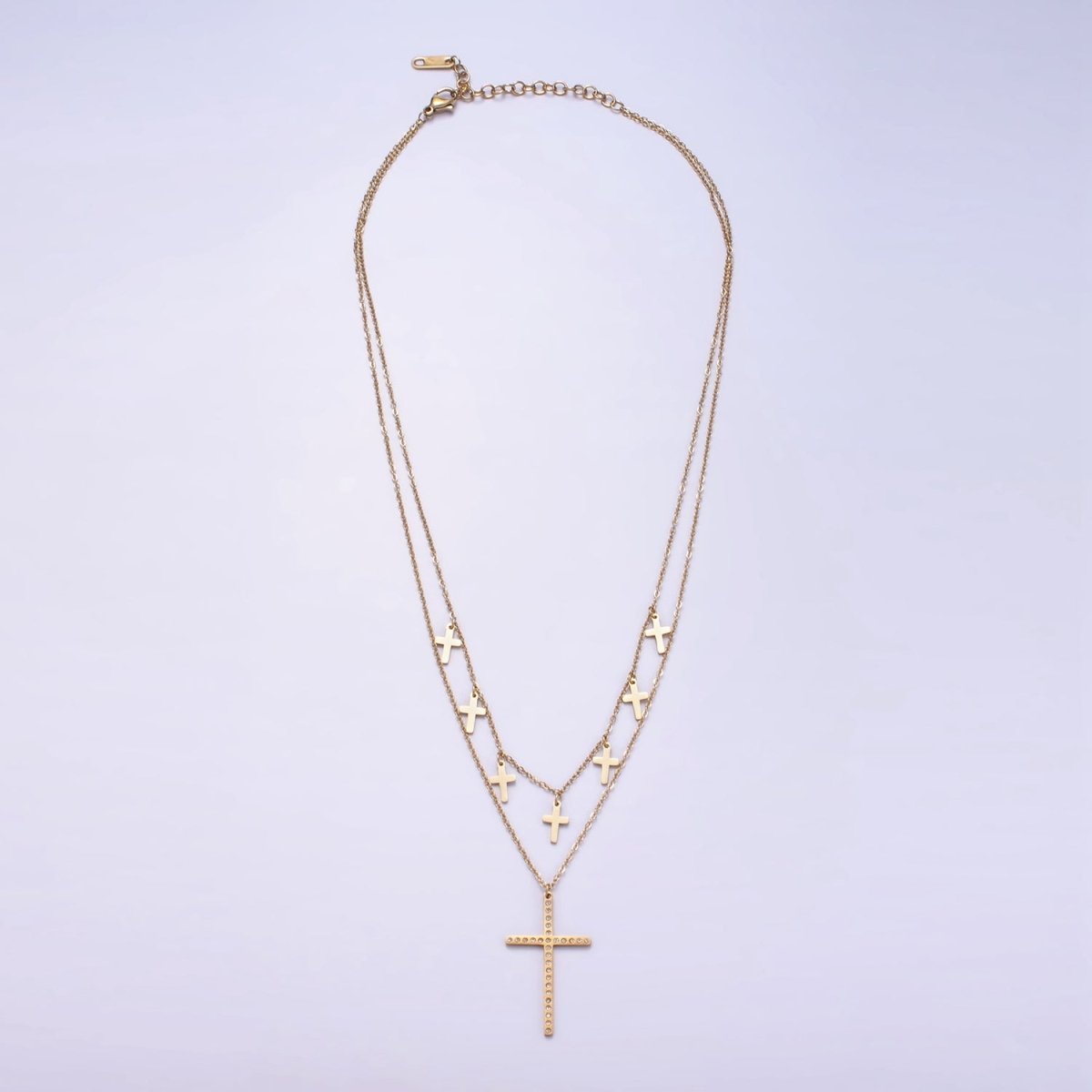 Stainless Steel CZ Dotted Religious Cross Drop Cable Chain Double Layering Necklace | WA-2547