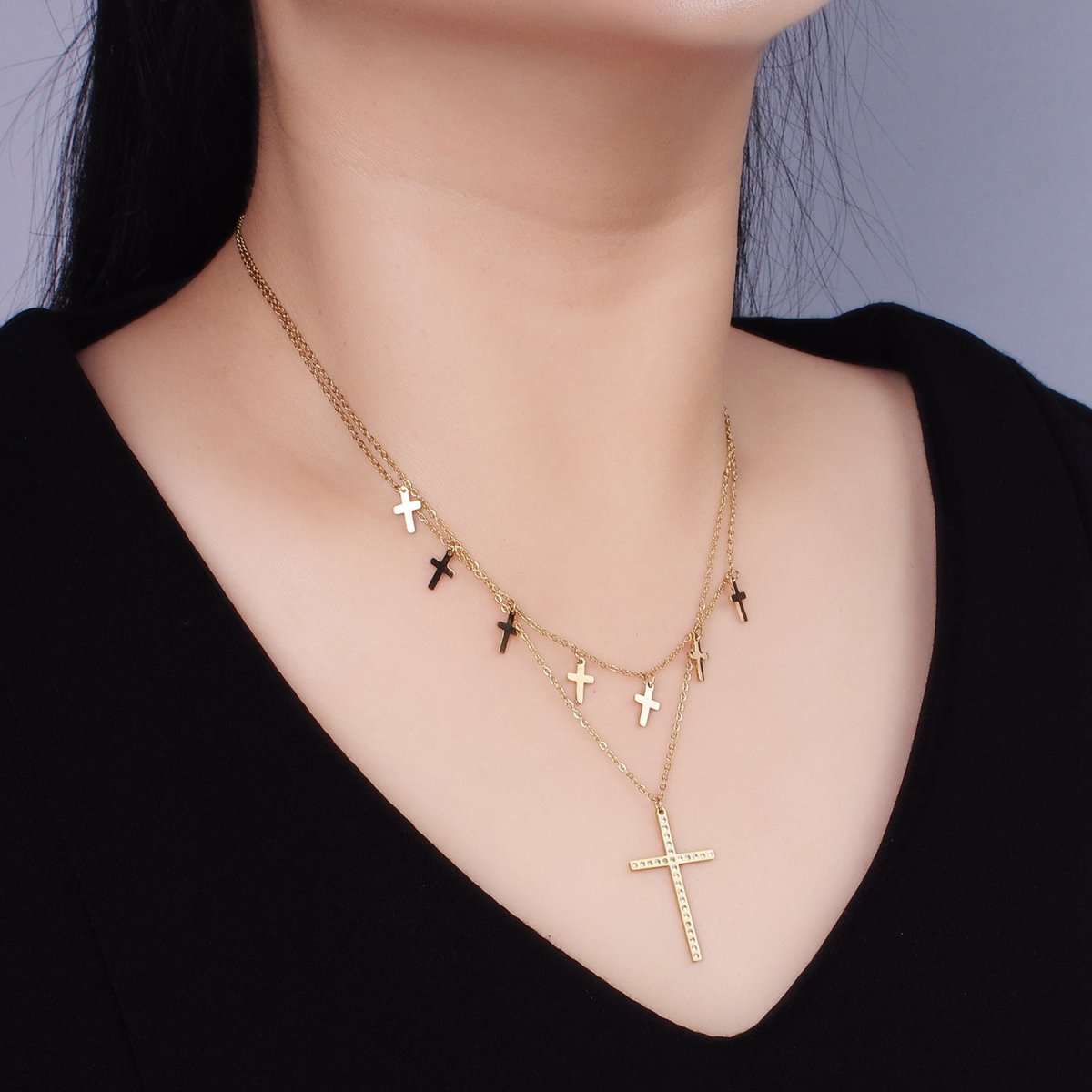 Stainless Steel CZ Dotted Religious Cross Drop Cable Chain Double Layering Necklace | WA-2547