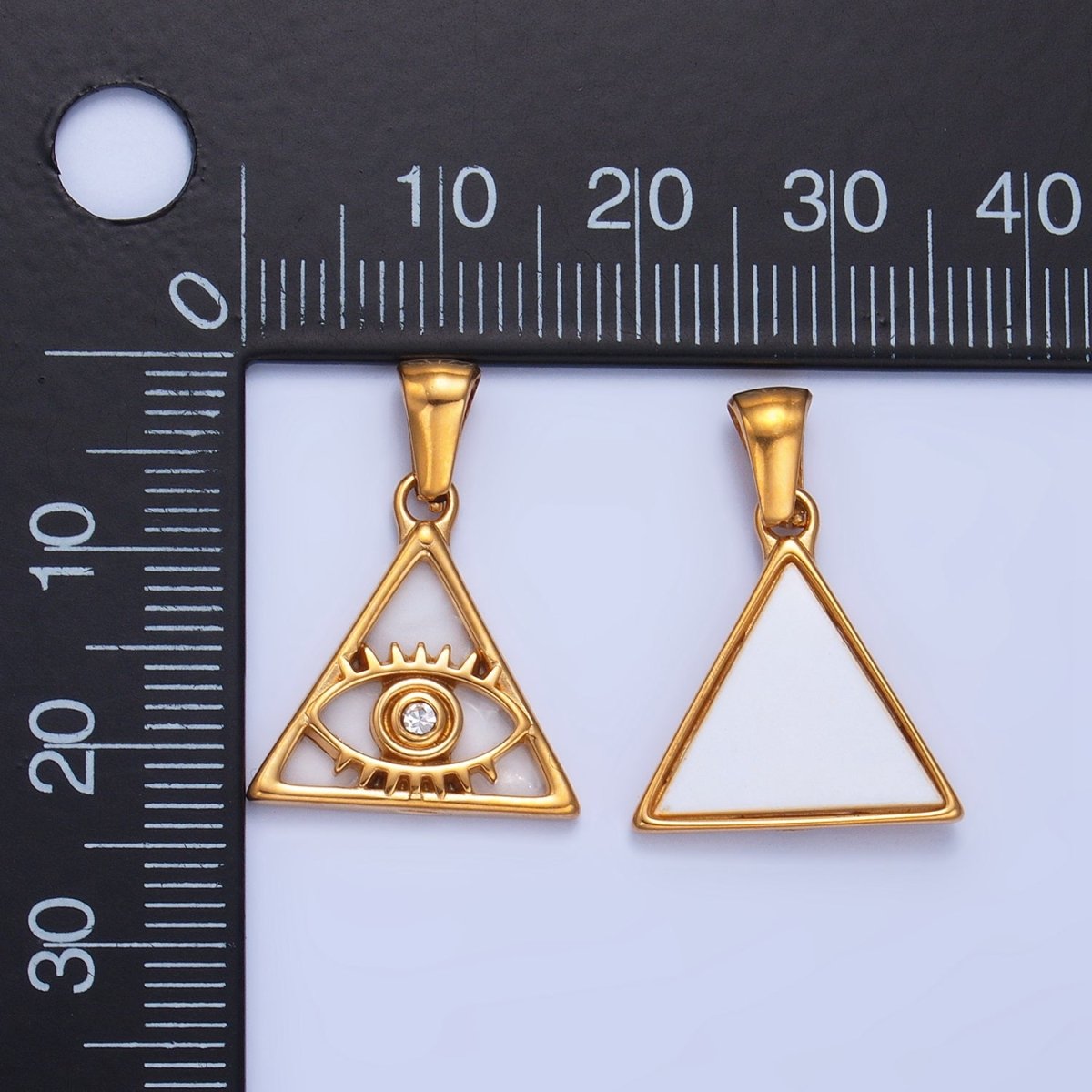 Stainless Steel CZ Evil Eye Shell Pearl Triangle Pendant | P1543