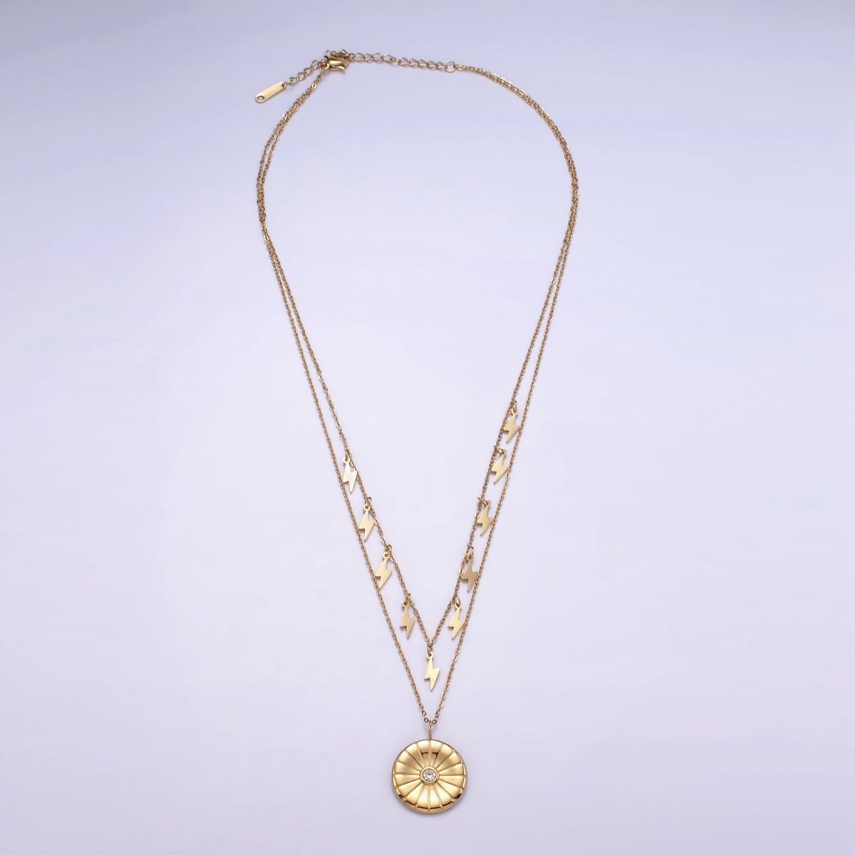 Stainless Steel CZ Round Lightning Bolt Cable Chain Double Layering Necklace | WA-2541