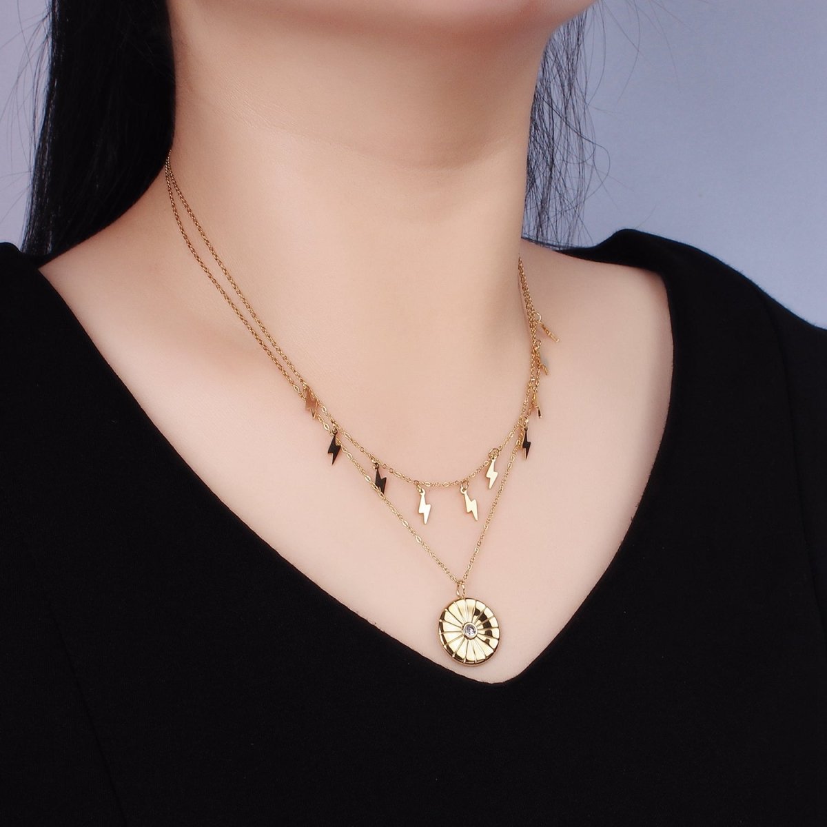 Stainless Steel CZ Round Lightning Bolt Cable Chain Double Layering Necklace | WA-2541