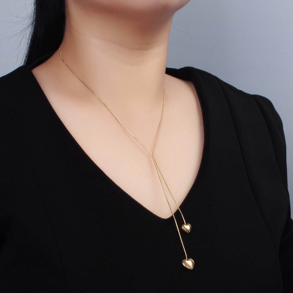 Stainless Steel Double Heart Charm Snake Chain 16.5 Inch Necklace w. 2 Inch Extender | WA-2555