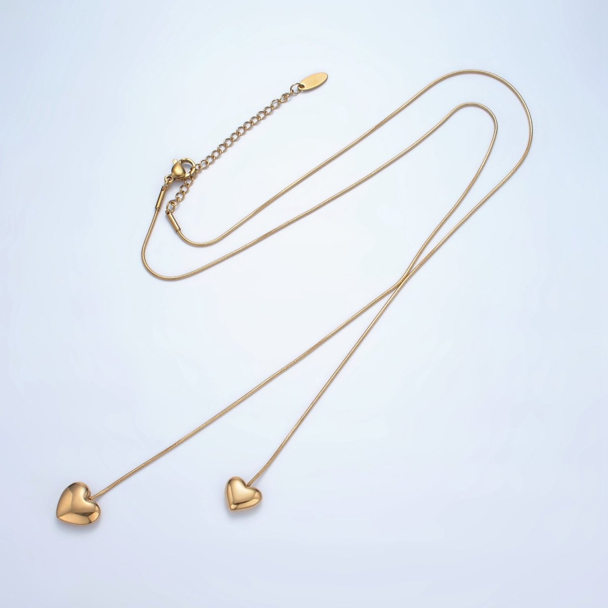 Stainless Steel Double Heart Charm Snake Chain 16.5 Inch Necklace w. 2 Inch Extender | WA-2555