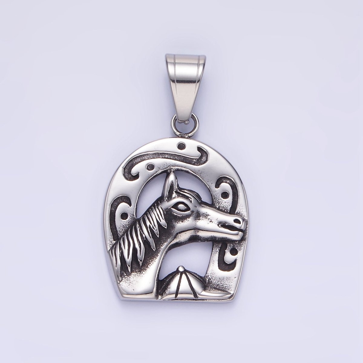 Stainless Steel Engraved Horse Shoe Oxidized Silver Pendant | P1454