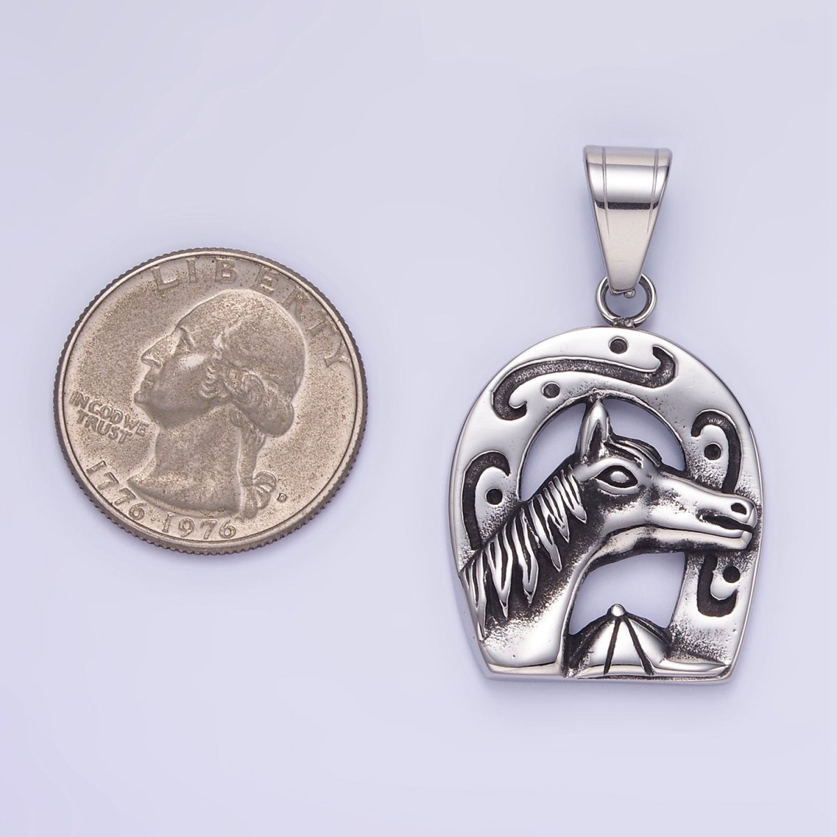 Stainless Steel Engraved Horse Shoe Oxidized Silver Pendant | P1454