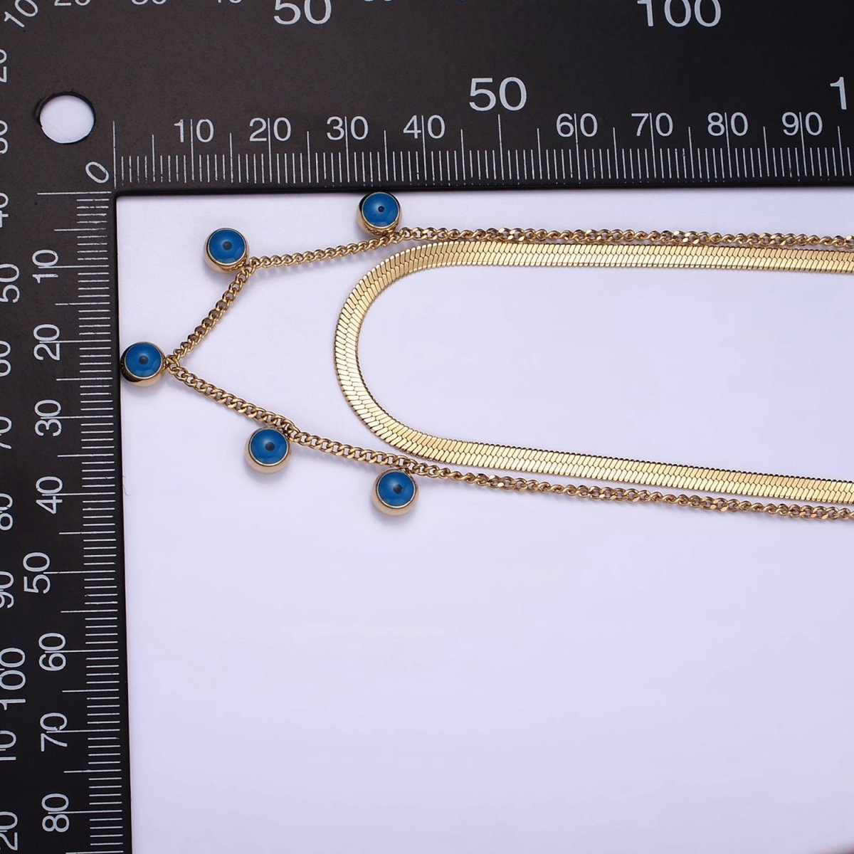 Stainless Steel Evil Eye Drop Curb Herringbone Chain Double Layering Necklace | WA-2545