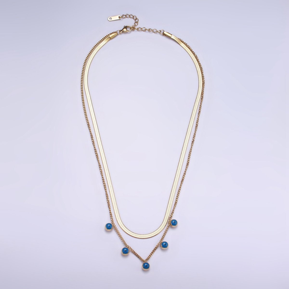Stainless Steel Evil Eye Drop Curb Herringbone Chain Double Layering Necklace | WA-2545