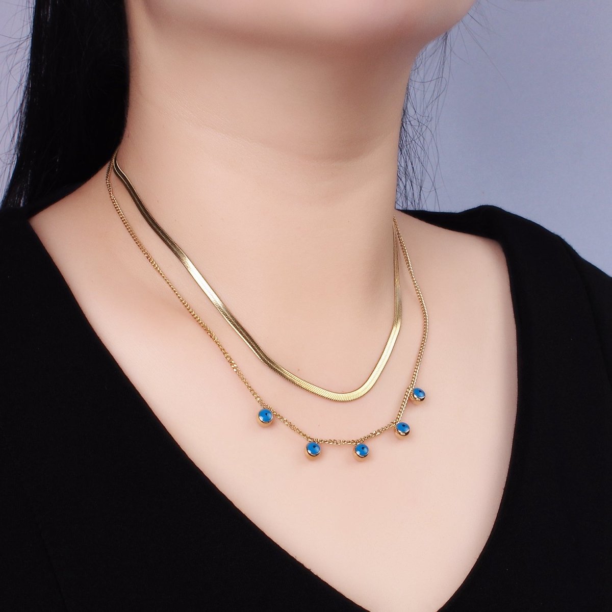Stainless Steel Evil Eye Drop Curb Herringbone Chain Double Layering Necklace | WA-2545