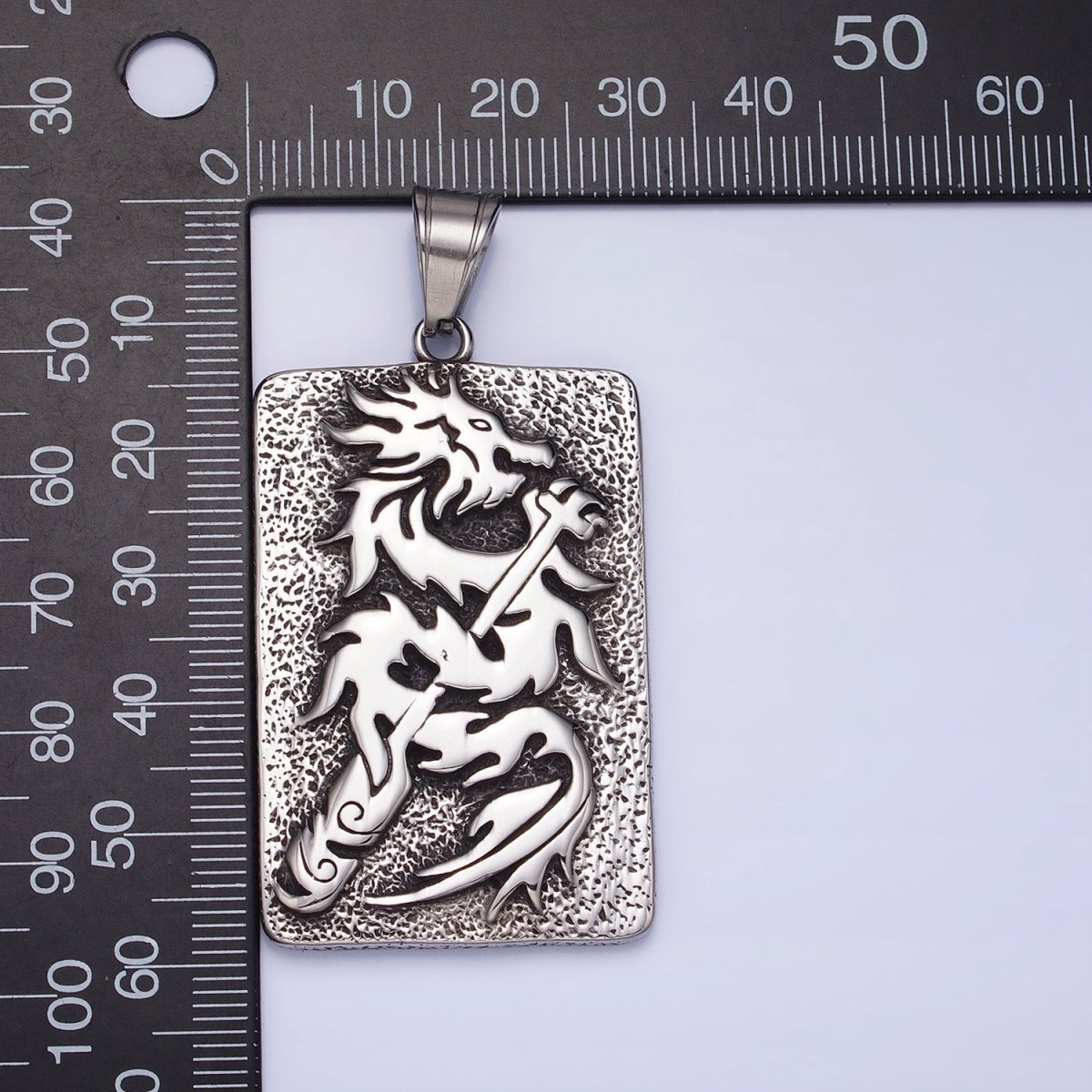 Stainless Steel Flamed Dragon Textured Rectangular Tag Silver, Gold Pendant | P1141