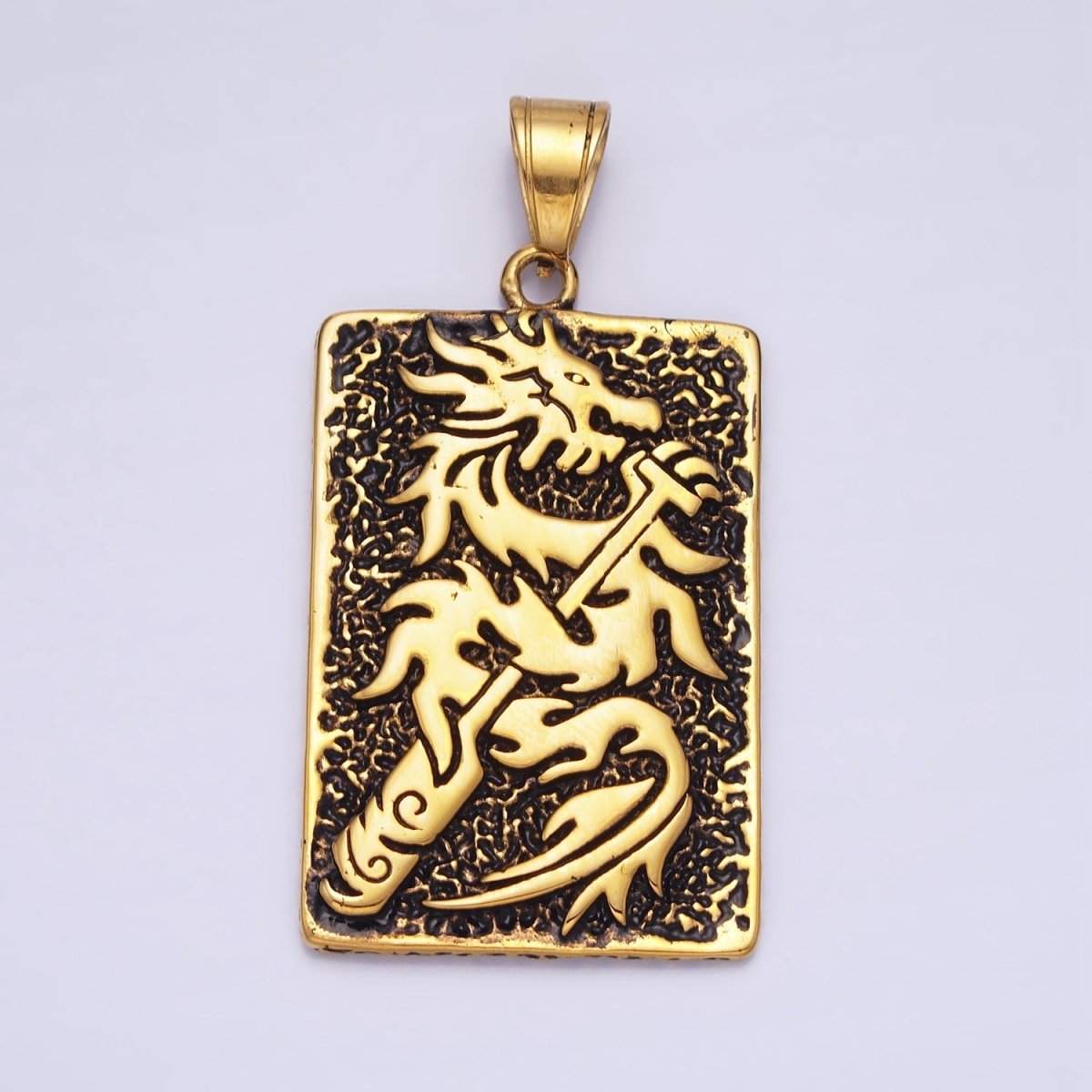 Stainless Steel Flamed Dragon Textured Rectangular Tag Silver, Gold Pendant | P1141