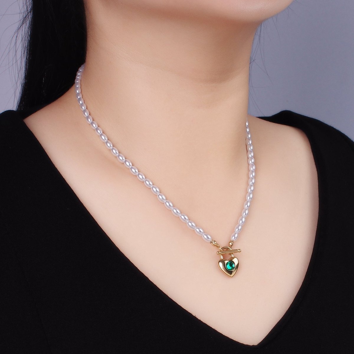 Stainless Steel Green CZ Heart Toggle Shell Pearl 18.5 Inch Necklace | WA-2540