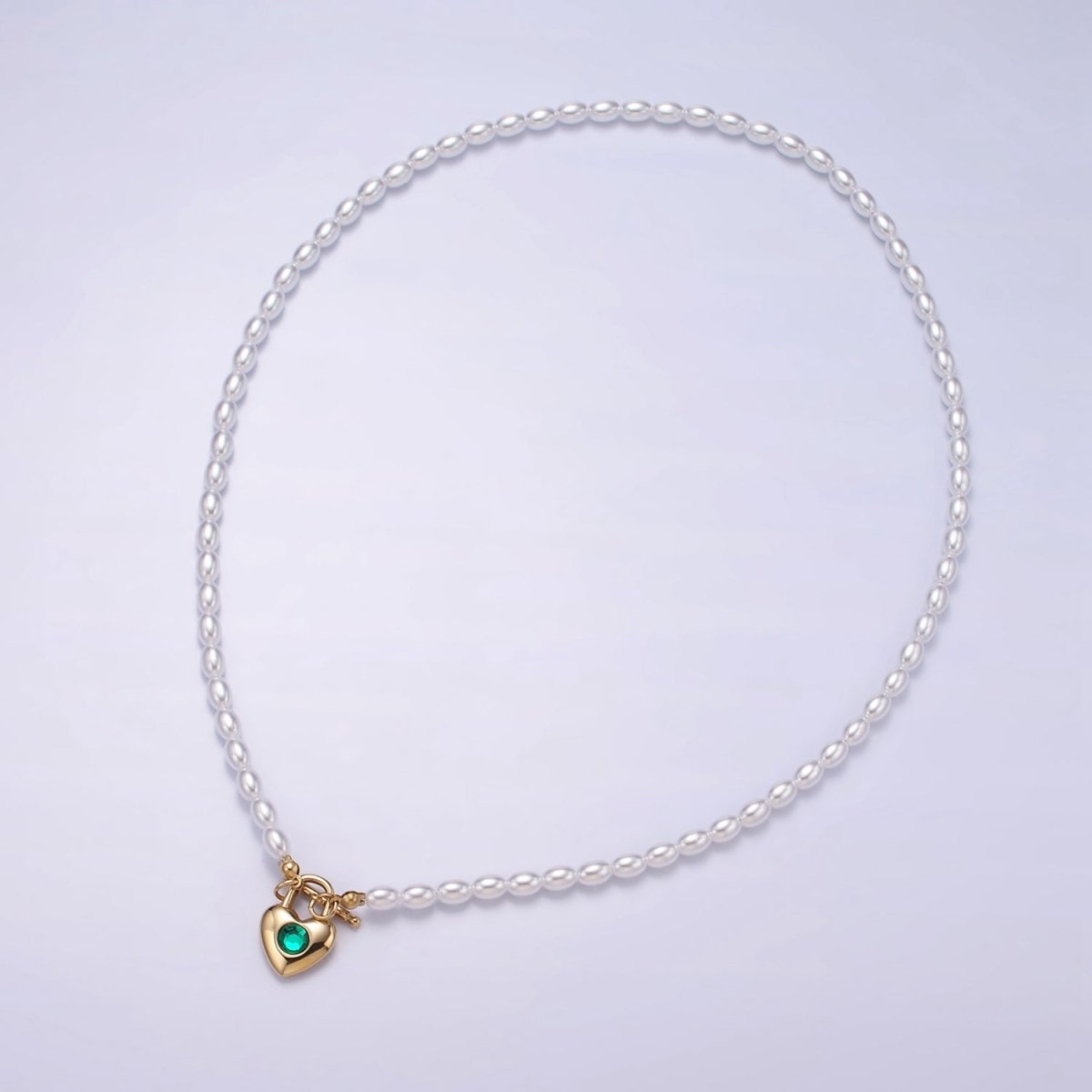 Stainless Steel Green CZ Heart Toggle Shell Pearl 18.5 Inch Necklace | WA-2540