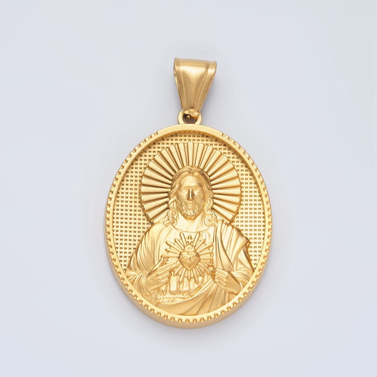 Stainless Steel Jesus Sacred Heart Textured Oval Pendant | P1468