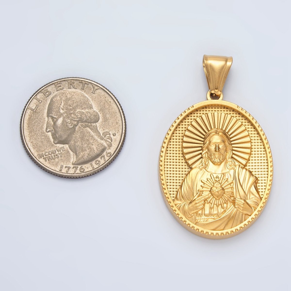 Stainless Steel Jesus Sacred Heart Textured Oval Pendant | P1468