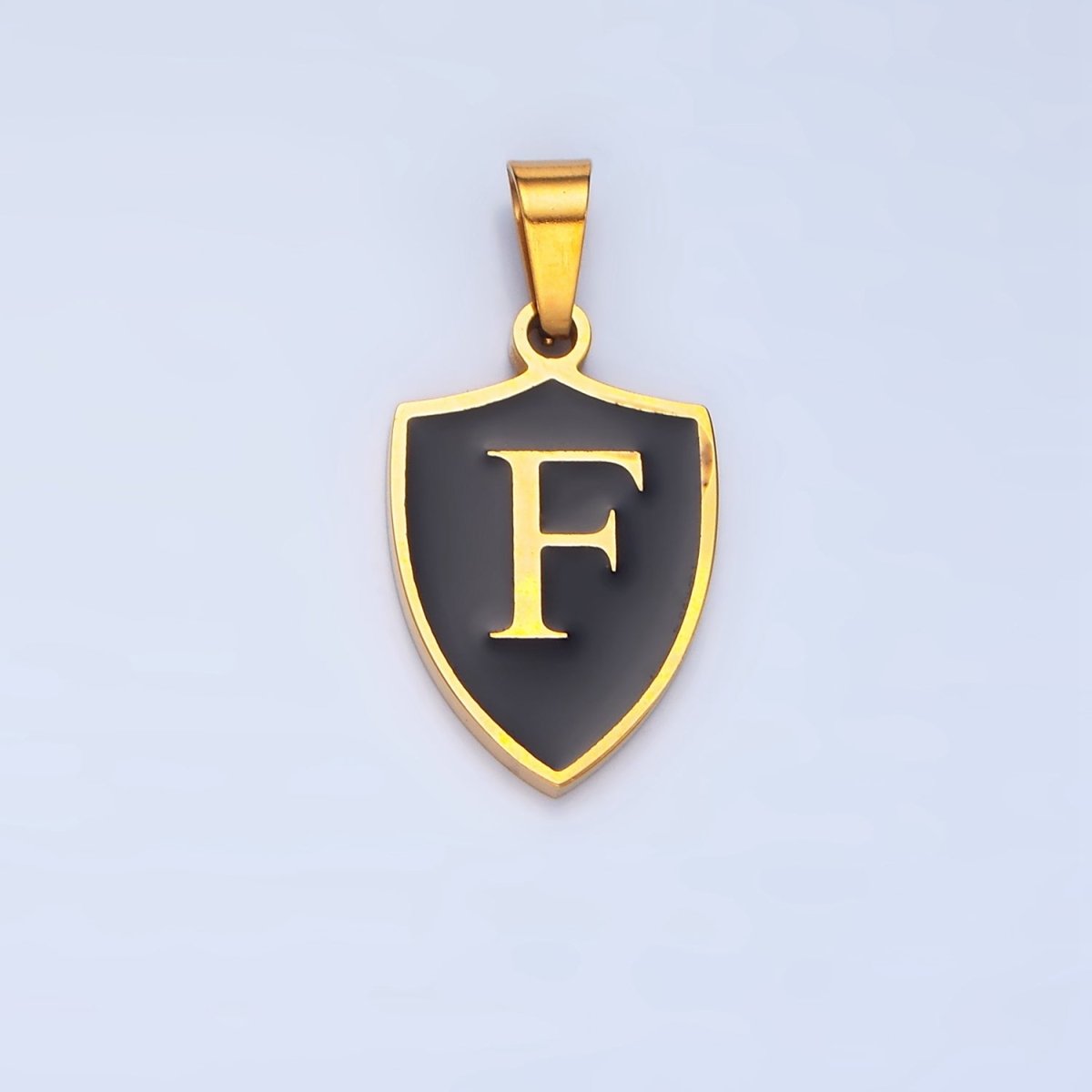 Stainless Steel Letter Initial Shield Black-White Enamel Double Sided Charm | A-A1617-A-A1629
