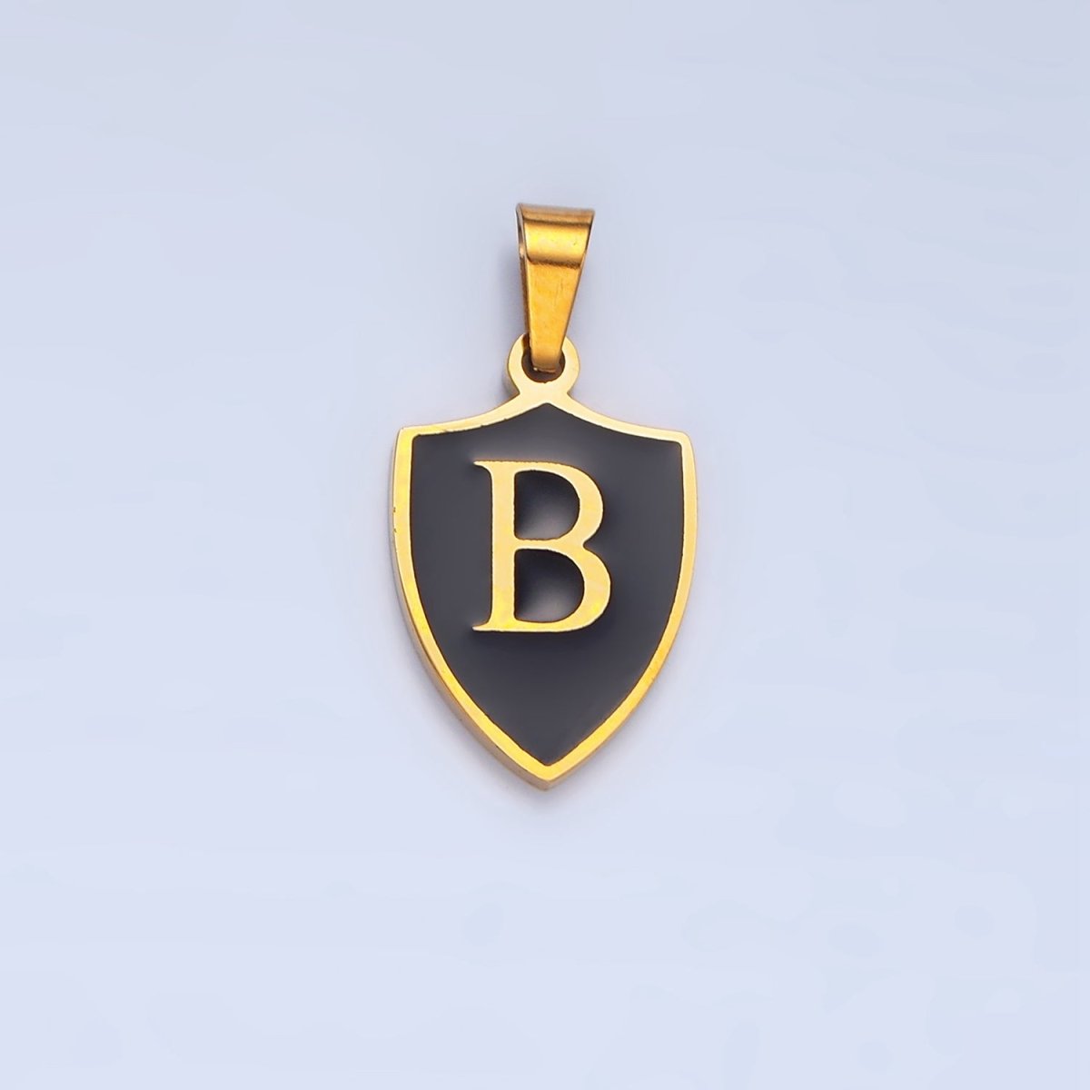 Stainless Steel Letter Initial Shield Black-White Enamel Double Sided Charm | A-A1617-A-A1629