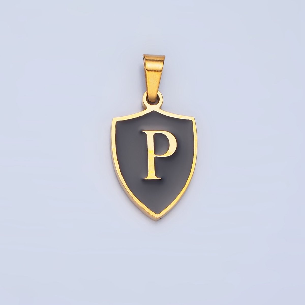 Stainless Steel Letter Initial Shield Black-White Enamel Double Sided Charm | A-A1617-A-A1629