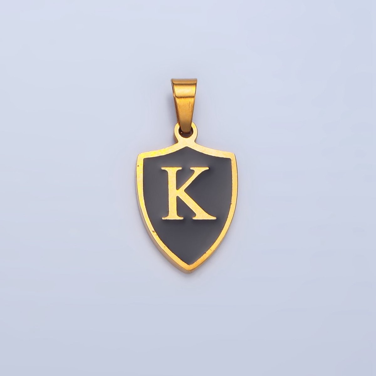 Stainless Steel Letter Initial Shield Black-White Enamel Double Sided Charm | A-A1617-A-A1629